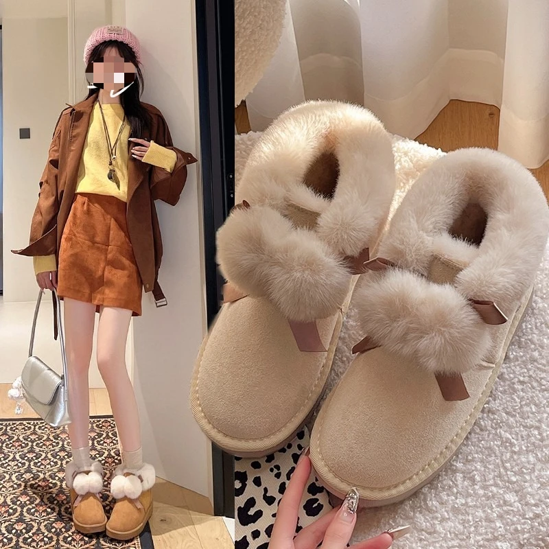 

Плюшевые зимние сапоги, новые зимние теплые хлопковые туфли на флисовой платформе с круглым носком и бантом