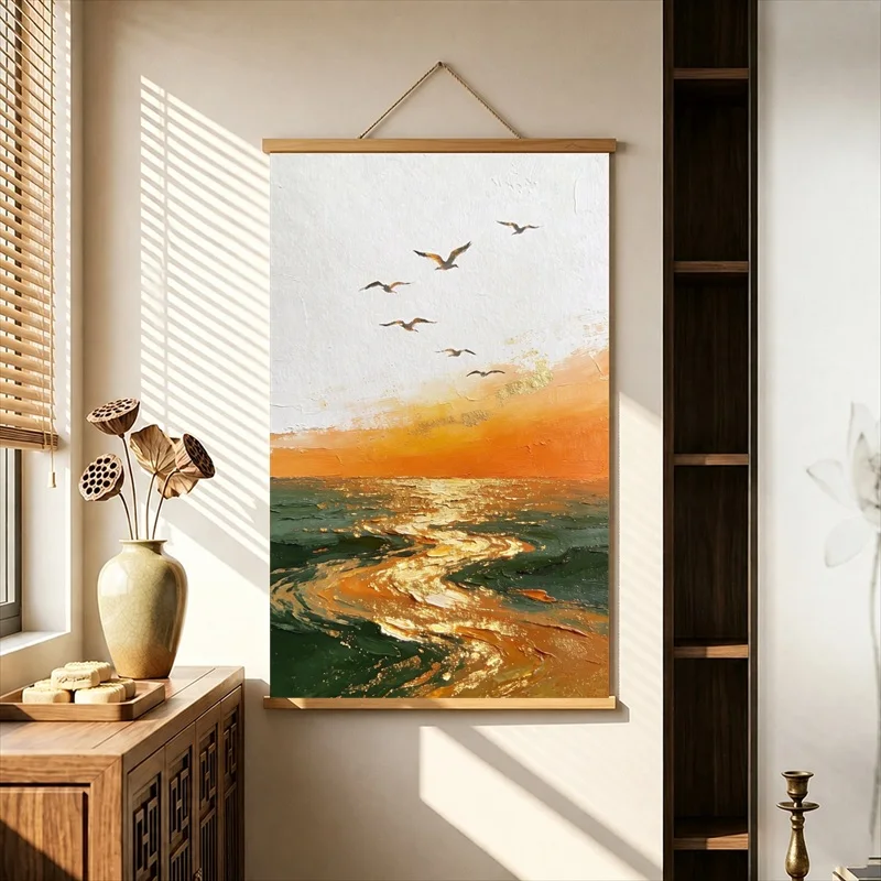 Wall Decorations Seabirds Returning over Golden Sunset Water, Pearlescent Canvas Hanging Scroll for Boutique Hotel Wall Decor