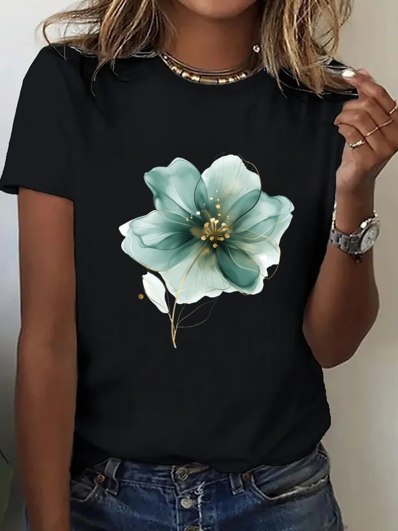 

Oil Colored Flowers Spring Summer Casual Fit Women's Essential for Home Outings New Fashion Summer Sleeved Harajuku Streetwear