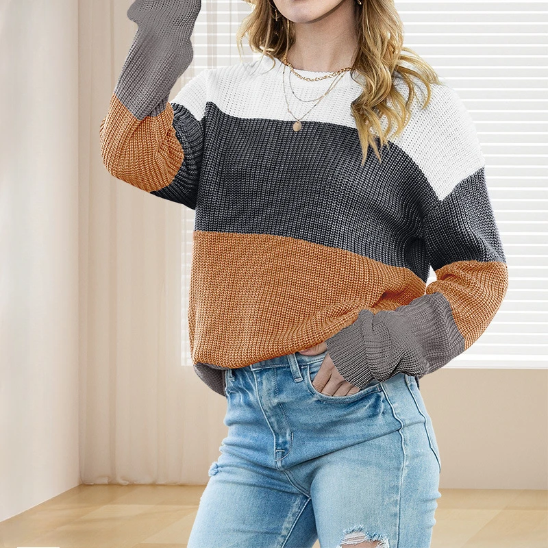 

Fashion Striped O-neck Sweater Women's Winter New Loose Fitting Pullover Long Sleeved Contrasting Casual Top