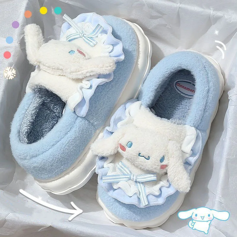 Plush Slipper My Melody Kuromi Cinnamoroll Pom Pom Purin Cute Cartoon Cotton-Padded Shoes Winter Warm Comfortable Slippers Gift