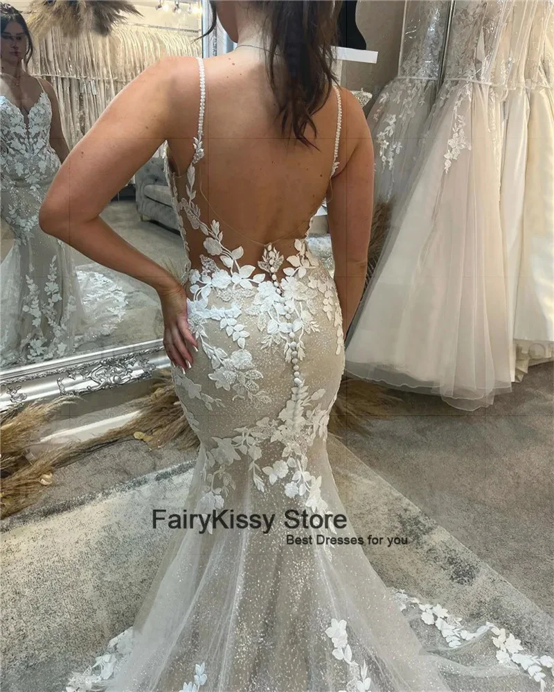 FairyKissy-Vestido de Novia de sirena con cuello redondo, traje elegante con espalda descubierta, personalizado con cuentas