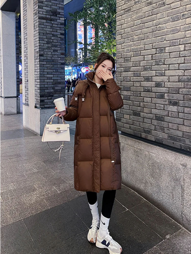 Luxury 90 White Duck Down Jacket Slim Thin Hooded Down Jacket Windproof Cold Warm Design Temperament Elegant Long Women\'s Coats