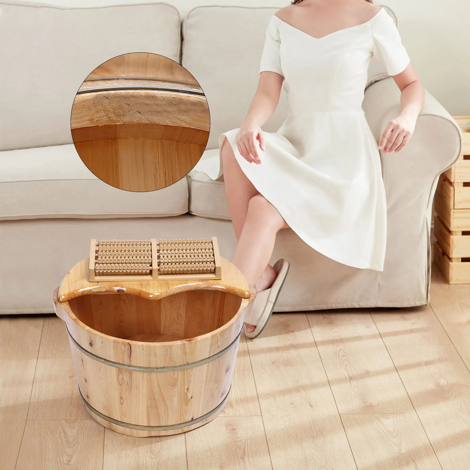 Bath Basin Feet Portable Pedicure Spa Bucket Wood Foot Soaking Plus Cover Plate Massager