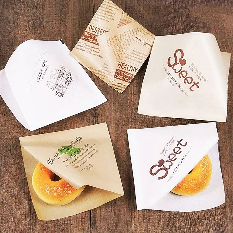 100Pcs Kraft Paper Sandwich Paper Wrap Disposable Food Packing Paper Triangle Shape Oil-Proof Doughnut Packing Bag Baking Tools