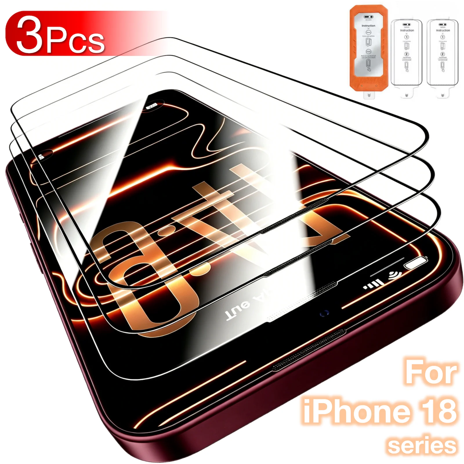 3 Stück für iPhone 18 Pro Max Air 1717e 16 16e 15 14 Plus 13 12 Gehärtetes Glas Displayschutzfolie Einfache Entsperrung 9H Härte