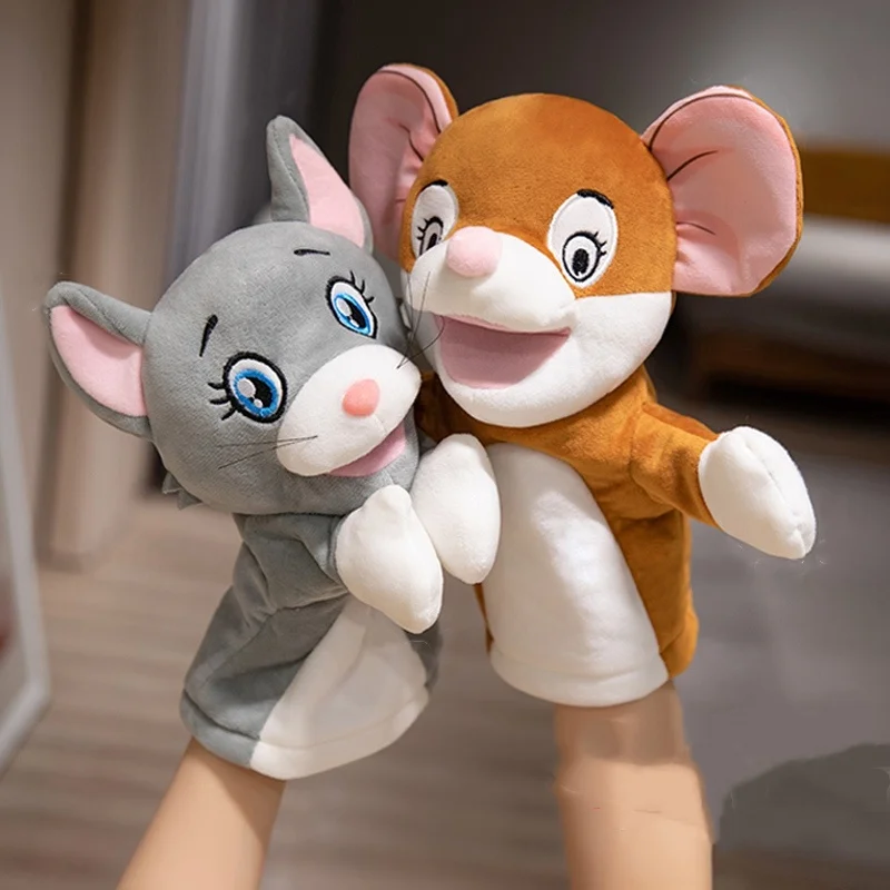Marionetas de mano de felpa con forma de ratón y gato Kawaii, juguetes educativos para juegos familiares, muñeca de tiempo, 28cm