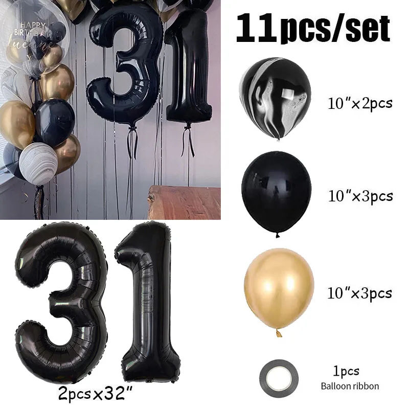 11pcs Black Gold Number Foil Balloons Happy Birthday Party Decorations Adult Kids 10 11 14 15 18 21 25 30 35 40 50 60 Year Old