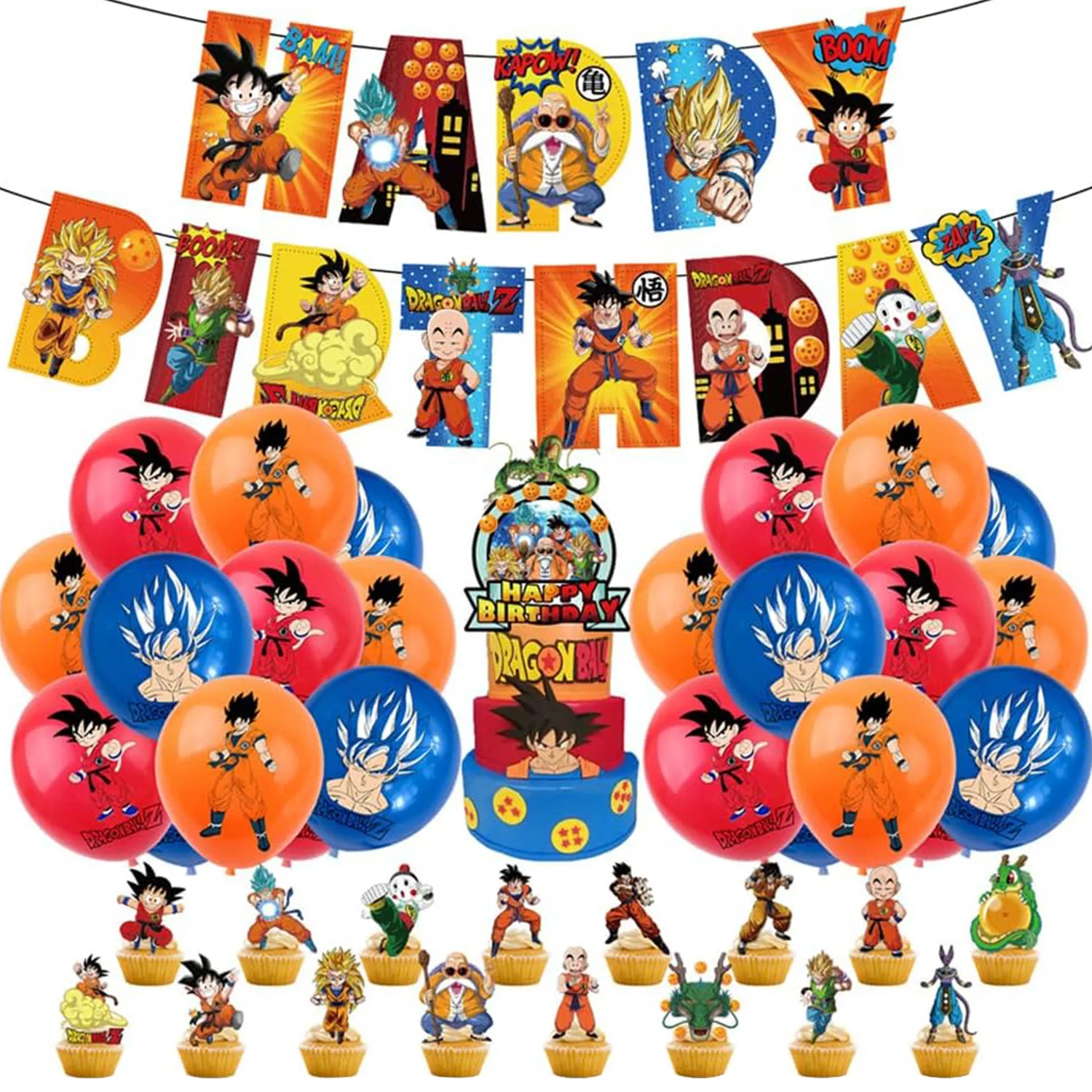 Juego de suministros de fiesta temática de Dragon Ball, Goku de Anime, Decoración de Pastel de cumpleaños, pancarta, mantel, plato, globos,