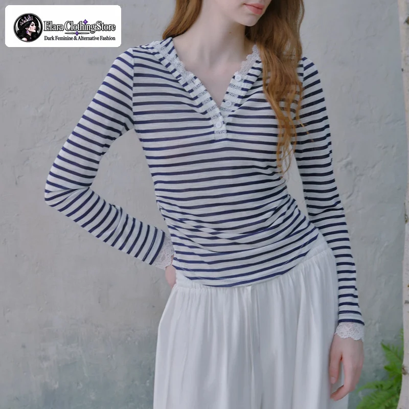 New Product Launch French Lace Striped Women's Hooded T-shirt with Spring and Autumn Waist Cinching Slimming Top Base Shirt