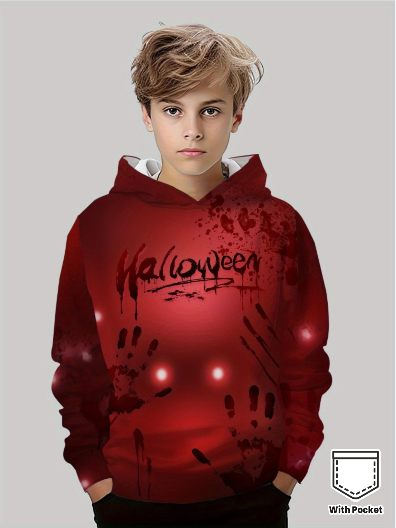 

Boys' Halloween Hoodie Casual Sportswear 3D Blood Splash and Handprint Design Red Casual Pullover Unisex Sweatshirt Boys Clothes