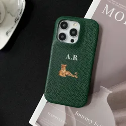 Personalise Initials Name Lizard Leopard Leather Case For iPhone 16 14 13 12 11 15 Pro Max Initials Letters kafr saya Cover