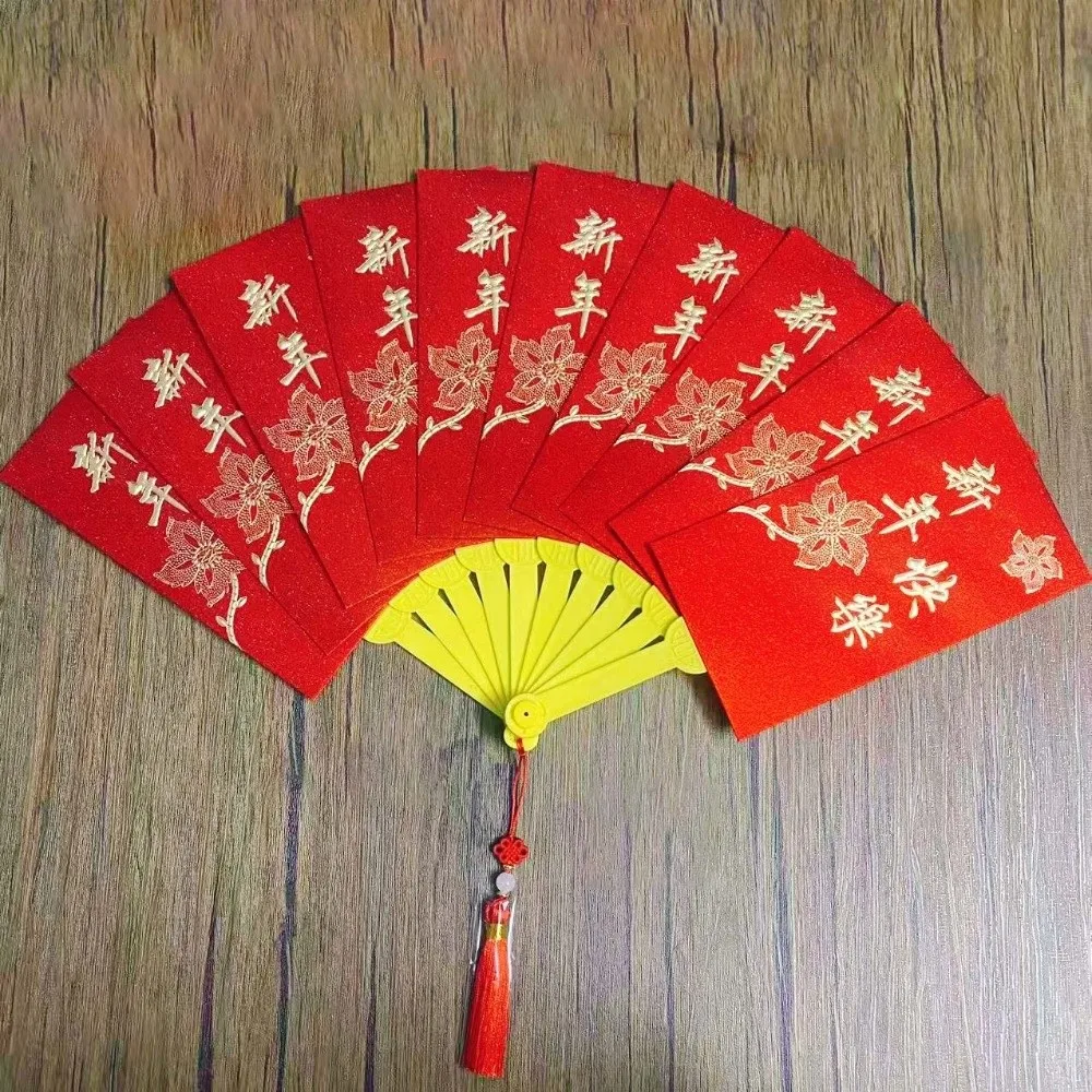 

Traditional Fan Design Red Envelope 10 Cards Tassel Children's Money Bag Blessing Bonus God of Wealth Red Pocket Kids Gift
