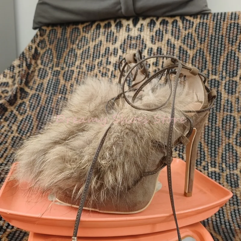 البني الفراء الدانتيل متابعة المفتوحة تو خنجر الصنادل النساء عبر تعادل غطاء كعب جوفاء عالية الكعب مثير موضة أحذية الحفلات مأدبة سيدة