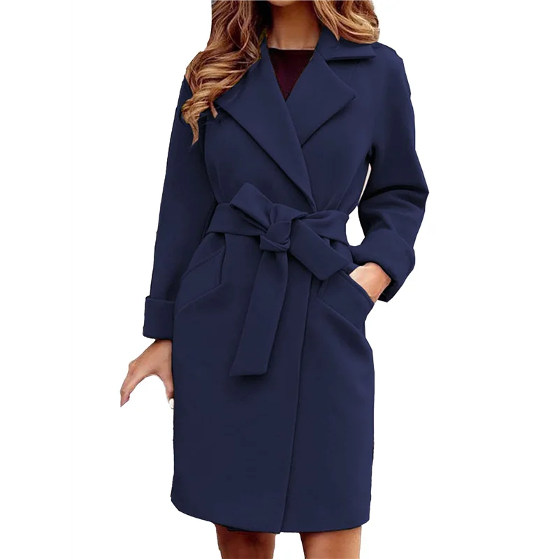 

ABVA-Women's Long Trench Coat Elegant Lapel Jacket Casual Autumn And Winter Coat With Belt