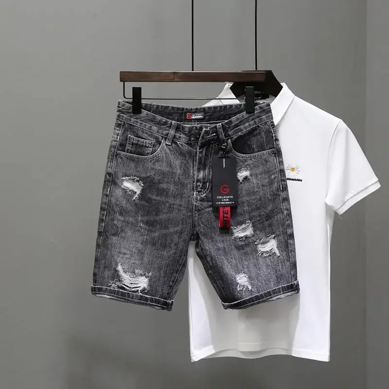 Shorts jeans rasgados preto e cinza para homens, jeans elásticos, calças com zíper, botões populares de designer, emo novo, original