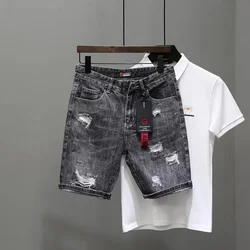 Men's Short Jeans Pants Black Gray Ripped Male Denim Shorts Designer Buttons Popular Emo New in Stretchable Wih Zipper Original