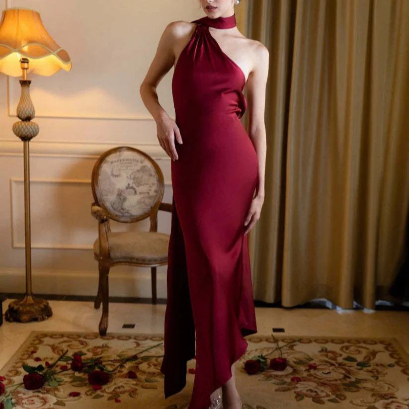 

2025 High-end French Style Toast Dress Sexy Backless Satin Halter Neck Evening Gown Dress 2025 Summer Dress Robe Vestido Women