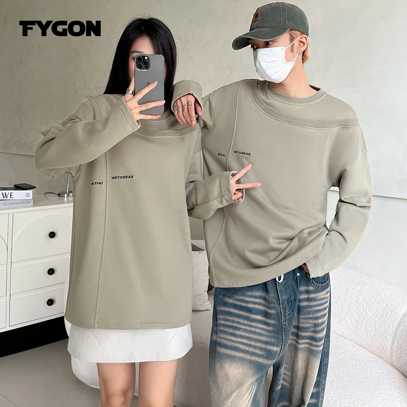 Fygon Design Double Neckline Casual Khaki Pullover Sweatshirt Letter Embroidery Drop Shoulder Loose 100% Cotton Sweatshirts