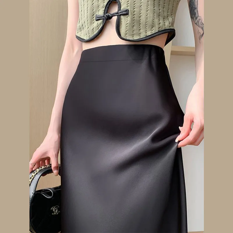 Ice Silk Satin Mermaid Skirts Woman Fashion Autumn Champagne High Waist A-line Skirt Women Cocktail Full Length Skirts Mujer