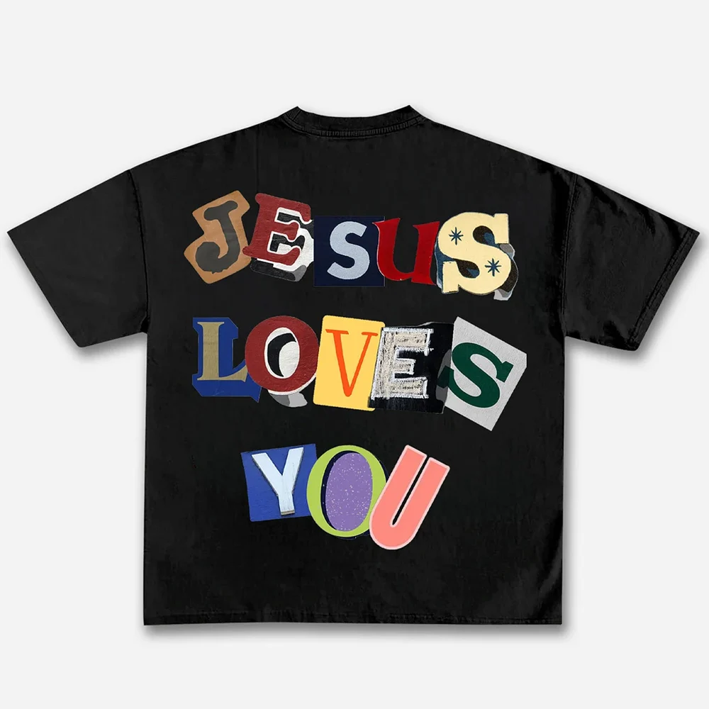 Loves You Collage Graphic Cotton T-shirt Crew Neck Unisex Short-sleeved Hip Hop Retro Street Y2K Casual Fashion Tops Clothing