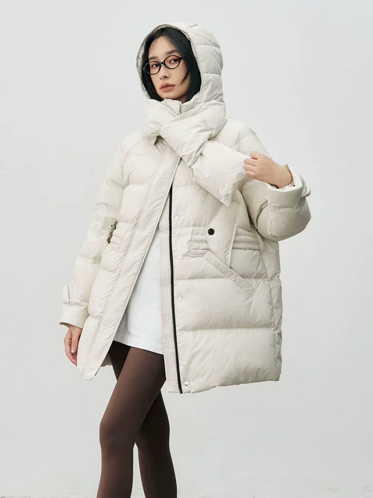 2025 Autumn/Winter New Detachable Hat Scarf Down Jacket Women's Medium Long 90 Duck Down High Quality