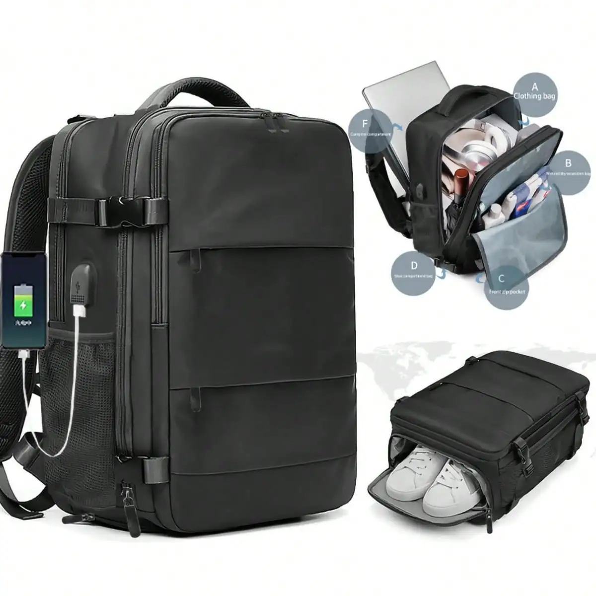1 Pack Black 45L Expandable Carry On Travel Backpack, Dacron Waterproof Laptop Daypack With Shoe Compartment & Charging Port, Airline Approved 15.6 Inch Computer Bag, Fashion Commuter College Work Backpack Gifts For Men