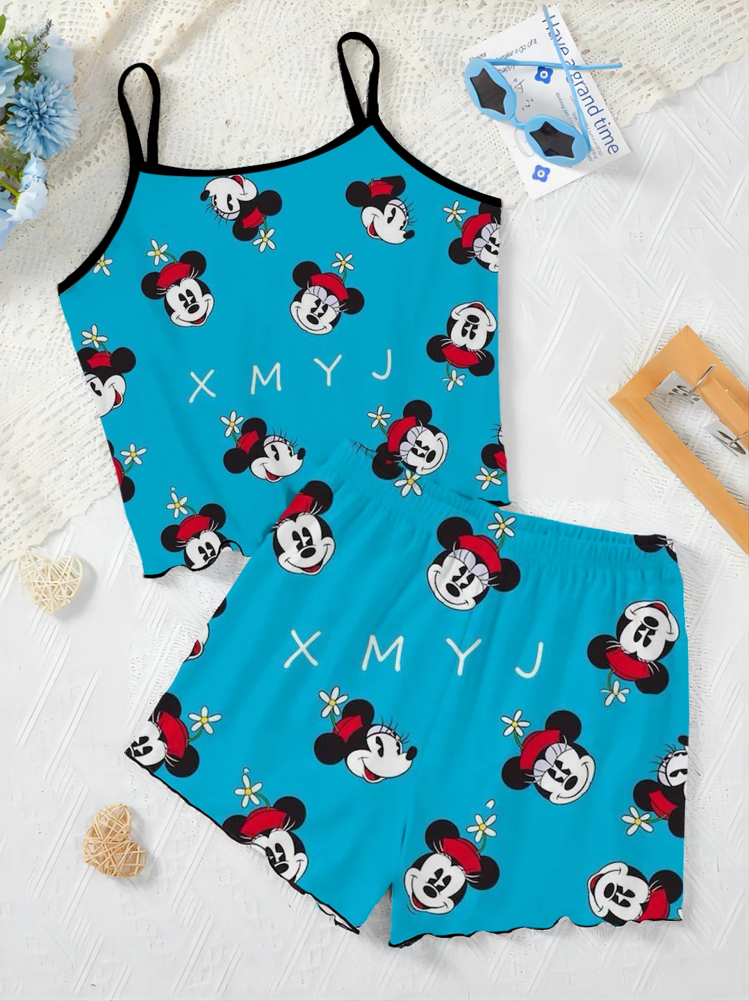 Conjunto elegante de Disney para mujer, Top con falda de pijama con ribete de lechuga, camiseta de Mickey y Minnie Mouse, traje corto