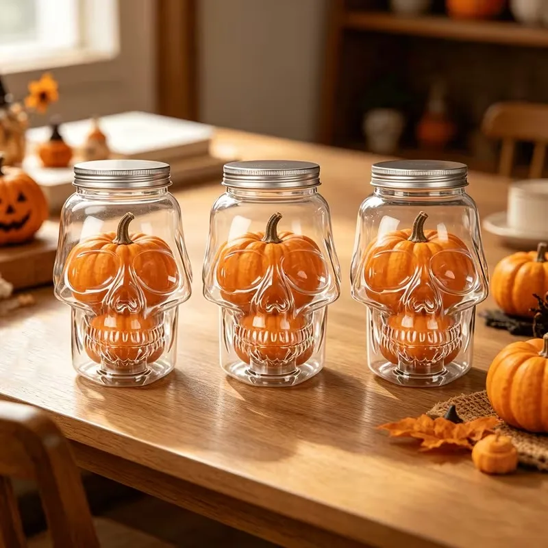 6/12 Packungen Halloween transparente Totenkopf-Kunststoffgläser mit Deckel für Heimdekoration, Figuren, Sammlerstücke, Desktop-Skelettglas