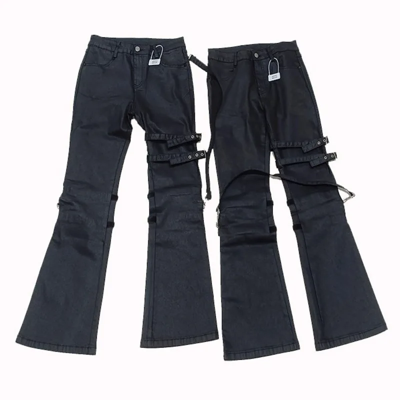 HKSH Spring Autumn Winter New Men Tide Ins Lace-Up Coated Denim Waxed Jeans Metal Buckle Flared Denim Pants Punk Stylish HK18172