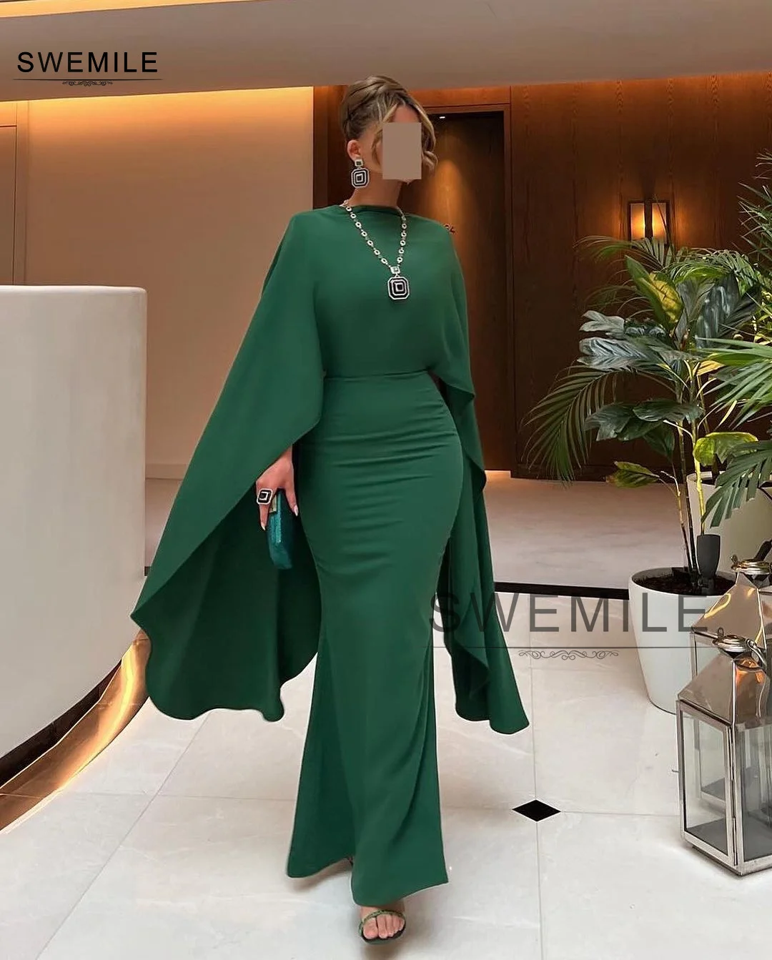 

SWEMILE Sheath Green Long Wedding Party Dress Cape Sleeves Formal Occasion Prom Gown Floor-Length O-Neckline Valentines Vestidos