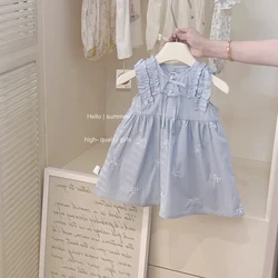 Kids Girls Summer Blue Dress Ruched O-neck Sleeveless A-line Soft Vestidos 2-8Y Children Embroidery Bows Princess Dresses