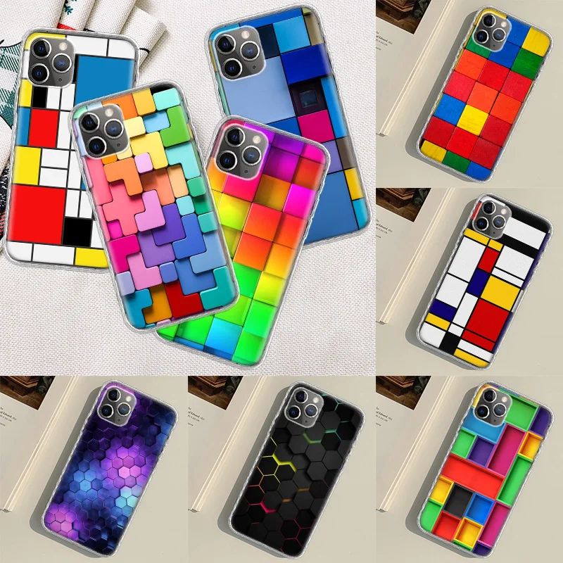 3D Colorful Block Phone Case For Apple Iphone 15 14 13 16 Pro Max Cover 11 12 Mini Fundas X XS Max XR 8 7 Plus Capa Shell Coque