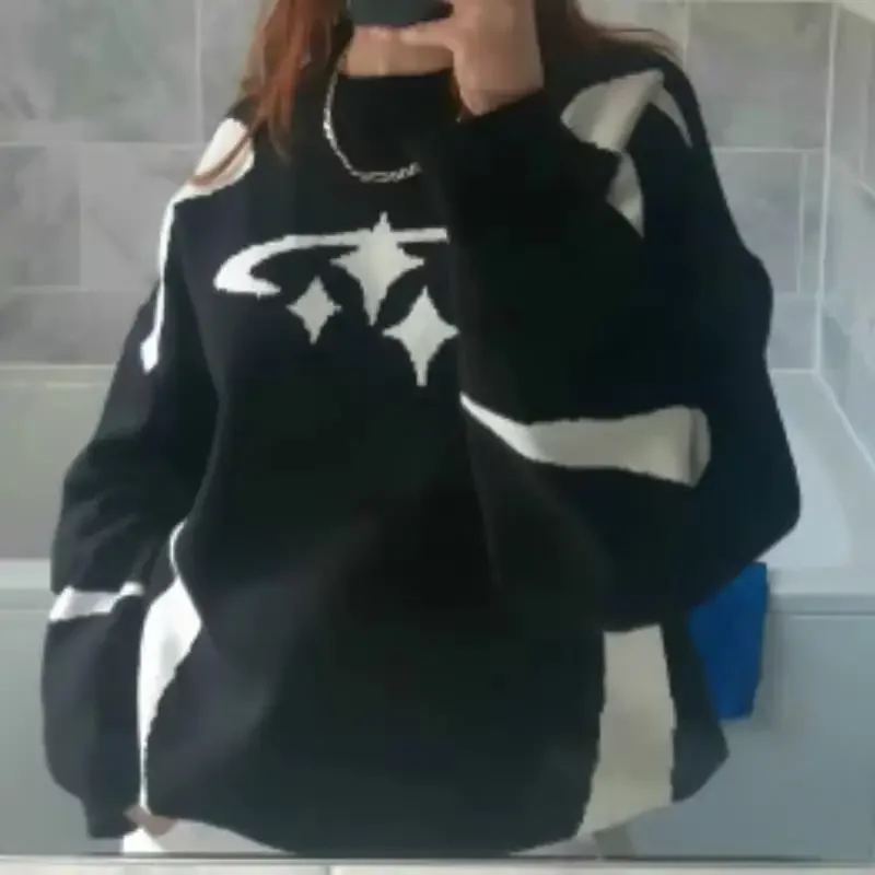 

Новый винтажный трикотаж Y2K, свитера с рисунком звезд, зимний пуловер большого размера в стиле Харадзюку, свитер унисекс, эстетичная одежда для подростков