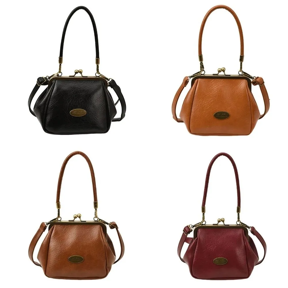 Retro Kiss Lock Umhängetasche aus PU-Leder, einfarbig, kleine Handtasche, großes Fassungsvermögen, Geldbörse mit Metallclip – Detail 14