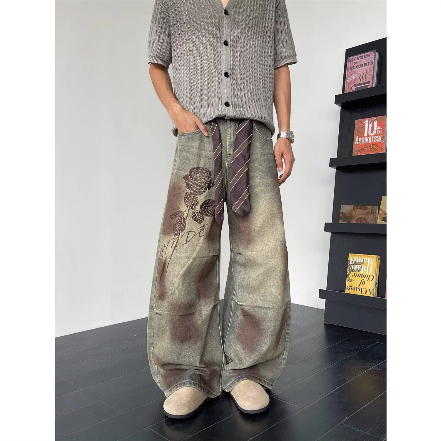 Men's Rose Print Pattern Jeans Summer Baggy Sweatpants Retro Casual Pants Young Boys Wide Leg Bottom Male High Waist Trousers