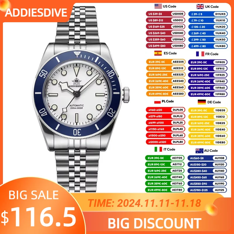 

ADDIESDIVE AD2043 Sapphire White/Black Dial Automatic Mechanical Watch Bubble Mirror Glass 20Bar Dive Men's Watches Reloj Hombre