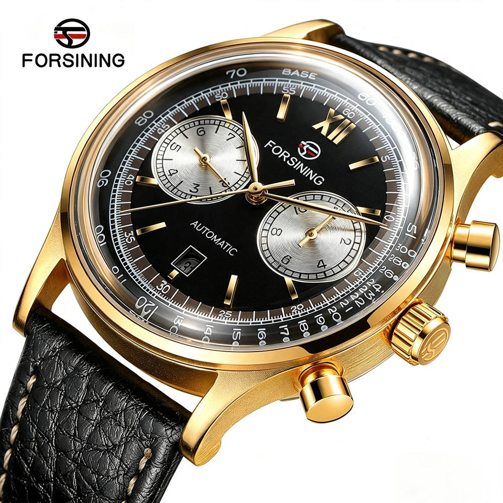 FORSINING Classic Dual Dial Automatic Mechanical Watches for Men Calendar Week Display Leather Strap Waterproof Business Clock