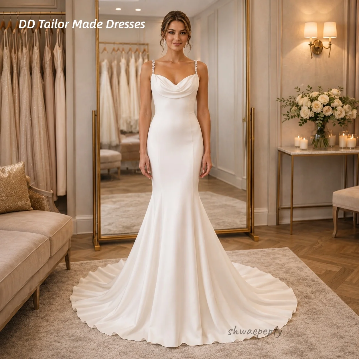 Solid Satin Mermaid Wedding Dress Backless Beaded Spaghetti Straps Floor Length Chapel Train Minimalist Bridal Gowns Customized