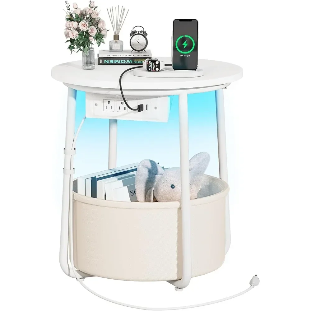 LED bedside table with charging station, circular edge table with fabric basket in the living room