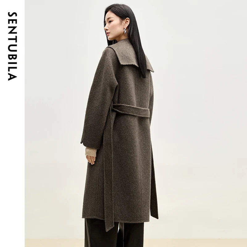 SENTUBILA 100% Woolen Coat Women Sailor Collar Double Breasted Oversized Overcoat Female 2024 Winter Warm Outwears W44O56663