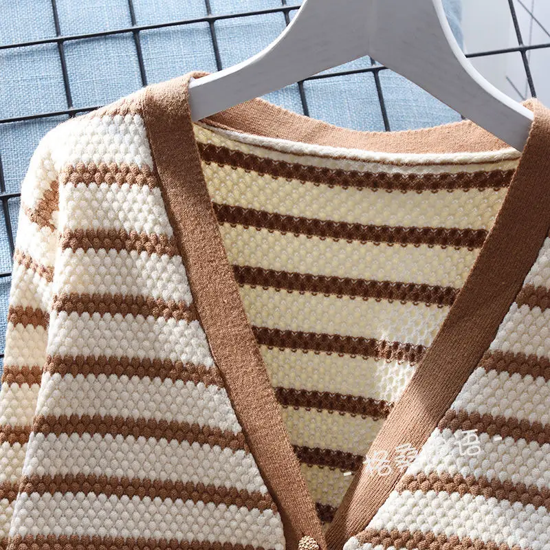 Korean Simple Striped V-neck Single Breasted Knitted Cardigan Coat Women's Casual Loose Long Sleeve All Match Sweater Top Jumper