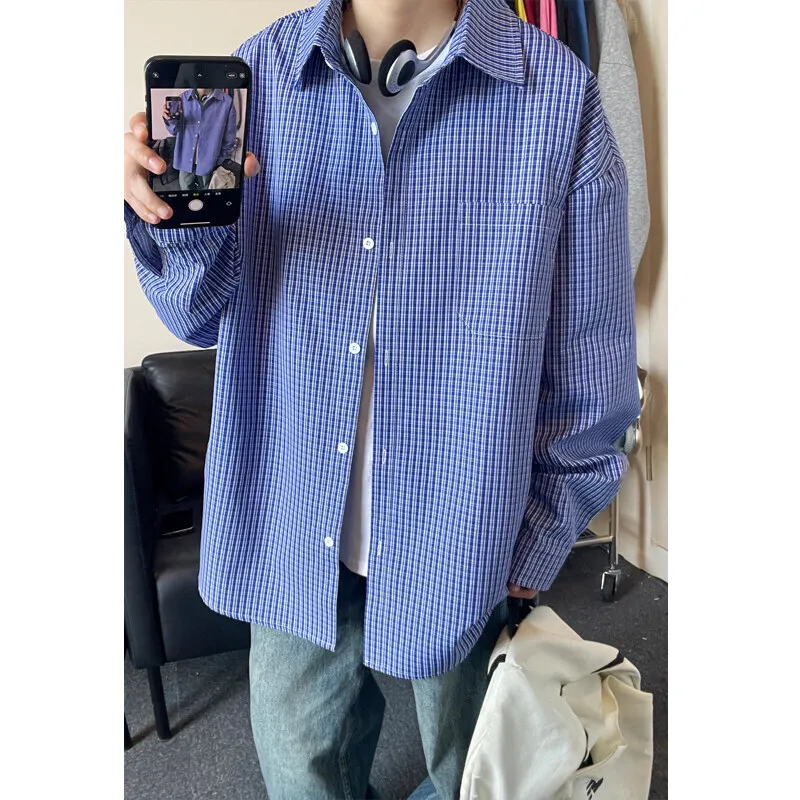 

Blue Long Sleeved Shirt Men Oversized Casual Plaid Shirt Men Streetwear Korean Loose Casual Shirt Mens Shirts Plus Size 5XL