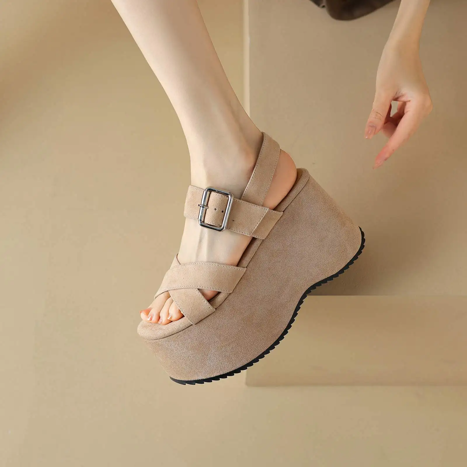 Lanxuryee Sheep Suede Peep Toe Super High Summer Shoes Platform Nightclub Party Dating Gifts Brand Casual Comfort Women Sandals