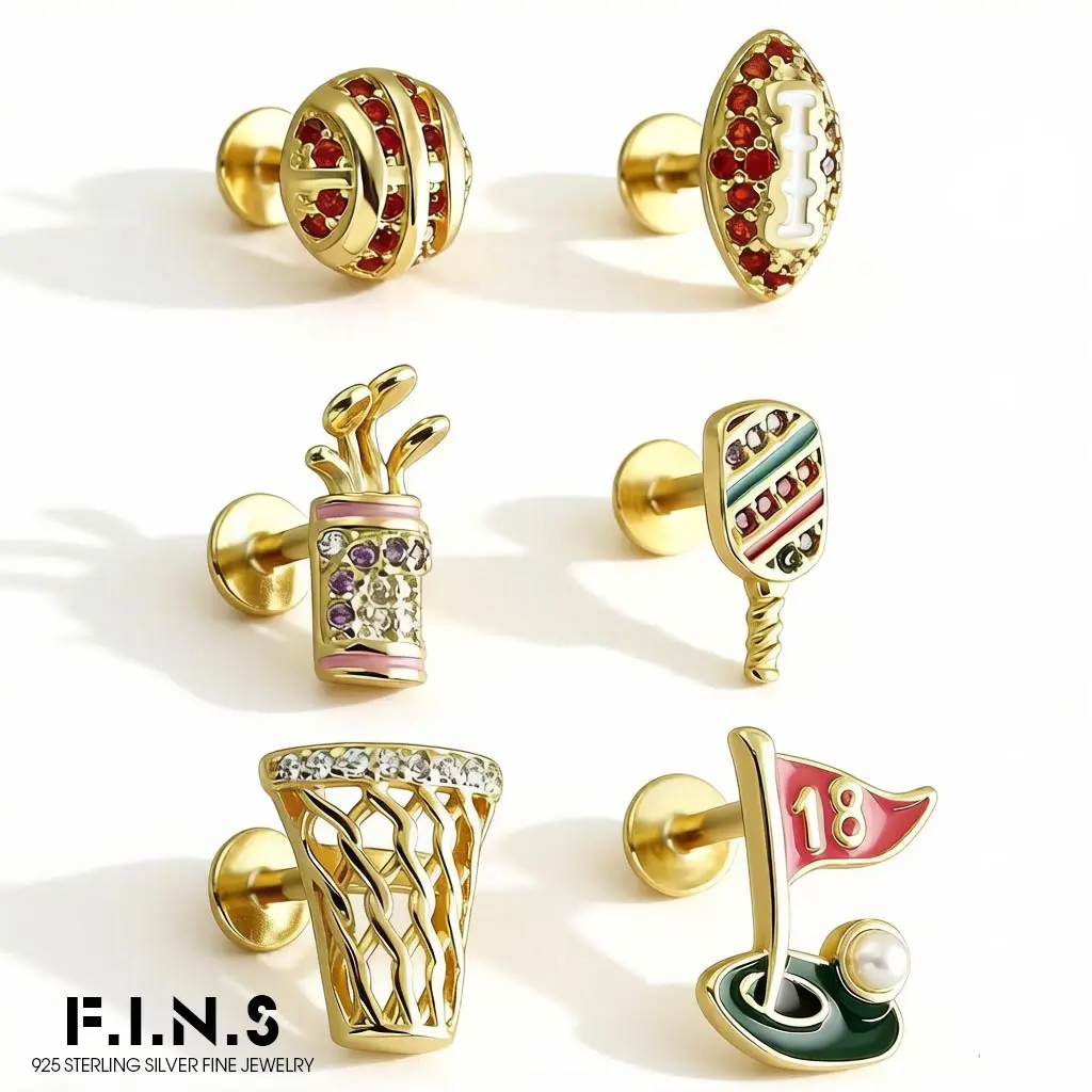 F.I.N.S 1PC Creative Sports Series 925 Silver Stud Earrings for Women Small Asymetric Tennis Racket Basketball Golf Ear Jewelry