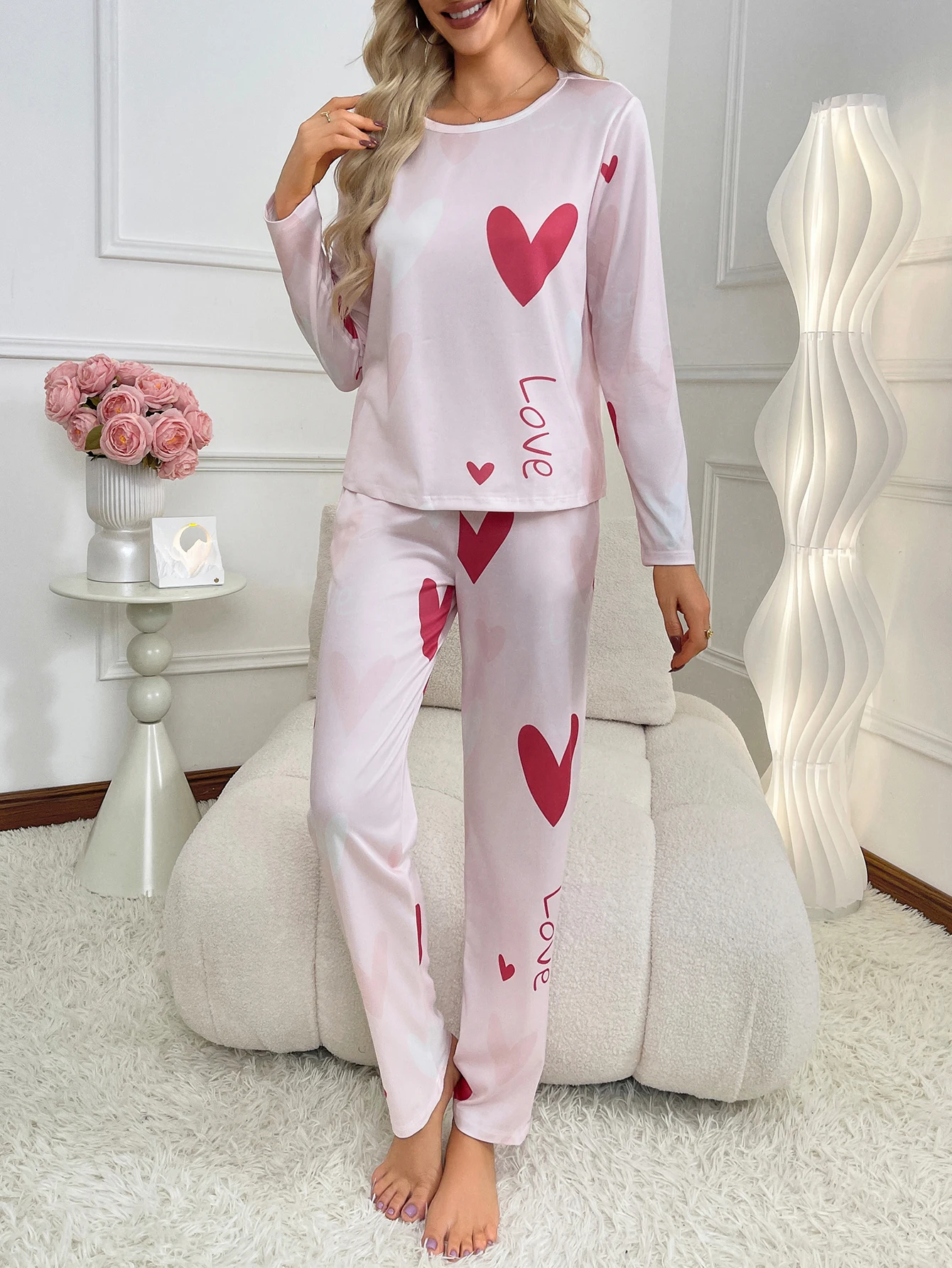 Autumn new style women\'s pajamas set love print pattern long sleeve trousers loose two-piece casual comfortable home wear