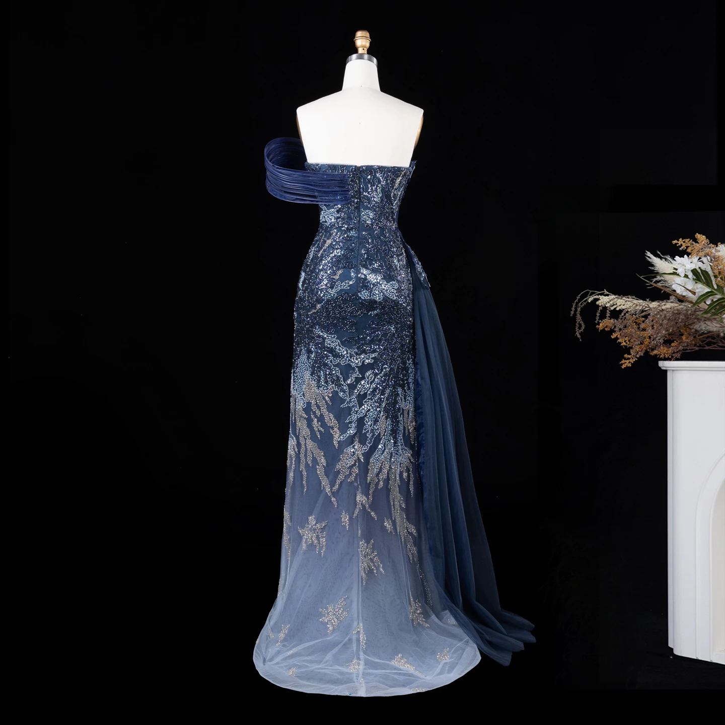 Sharon Said Luxuriöses Abendkleid in Grün mit Farbverlauf, schulterfrei, mit Perlenapplikationen, für Damen, Hochzeit, formelle Party, Modell SS293, maßgeschneidert – Detail 15