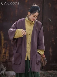 OriGoods Oversized Coat Woman Ramie Cotton Long Kimono Coat Japanese Style Oversized Woman Linen Kimono Jacket Shirt Tops B231