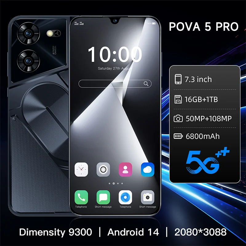 Version Smartphone Pova 5 Pro Global Dimensity 9300 16G+1TB 6800mAh 50+108MP 4G/5G Network Cellphone Android Mobile Phone