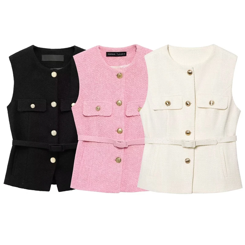 HXAO Women's Vests Textured Waistcoat Women Summer Pink Black White Vest Outerwears Elegant Button Belt Sleeveless Vests Giletes
